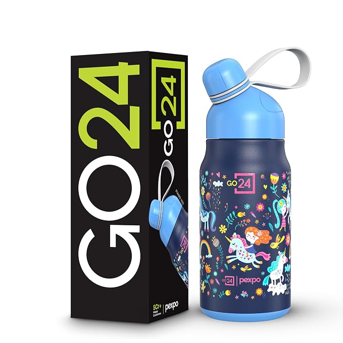 Go24 pexpo Piano Pro 450 ISI Certified Stainless Steel Water Bottle for School Kids - 420ml | 6+ Years Age | Hot & Cold | with Sipper Cap | Double Wall | for Picnic, Outing - Blue Unicorn Print