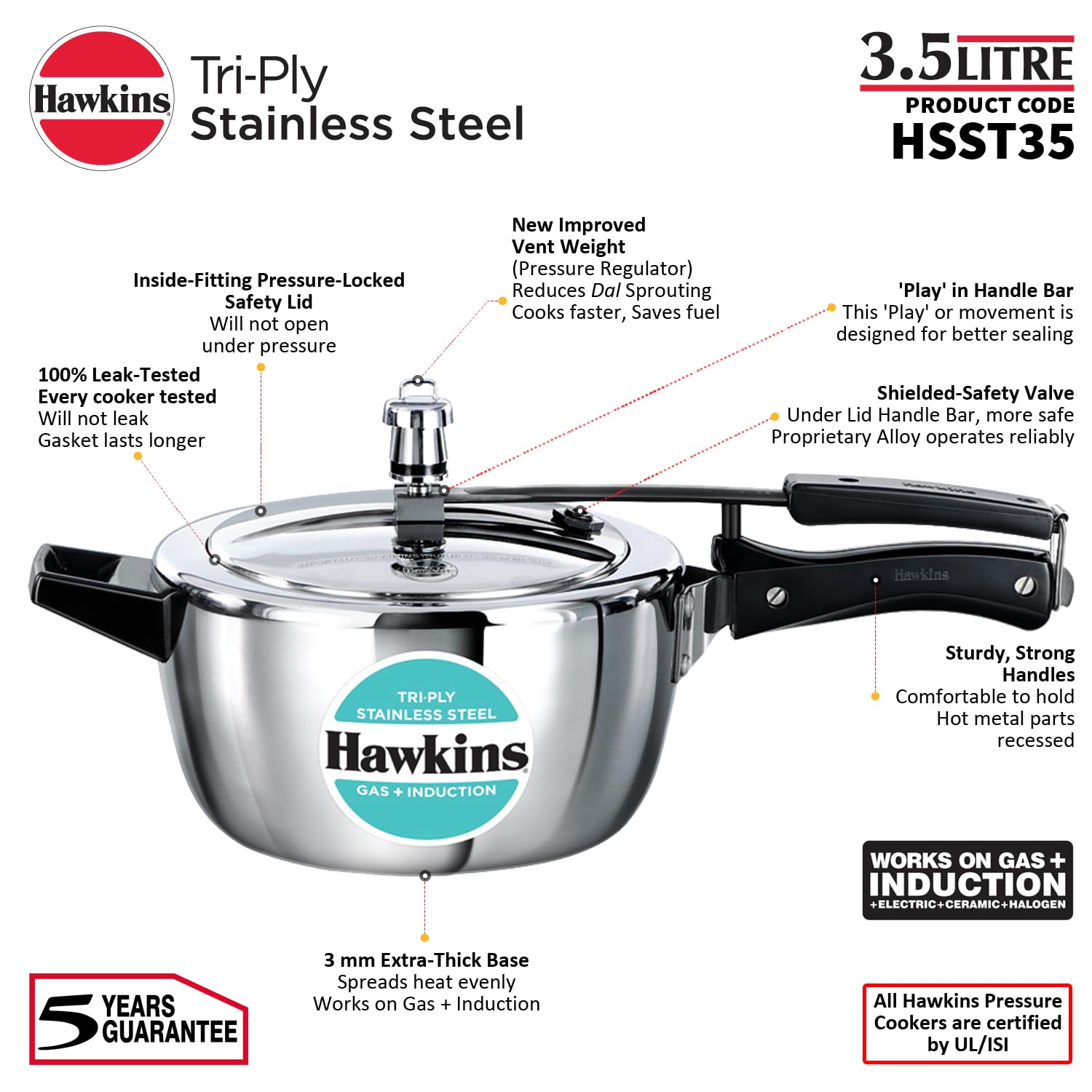 Hawkins 3.5 Litre Triply Stainless Steel Pressure Cooker, Inner Lid Cooker, Silver (HSST35) - Alternate View