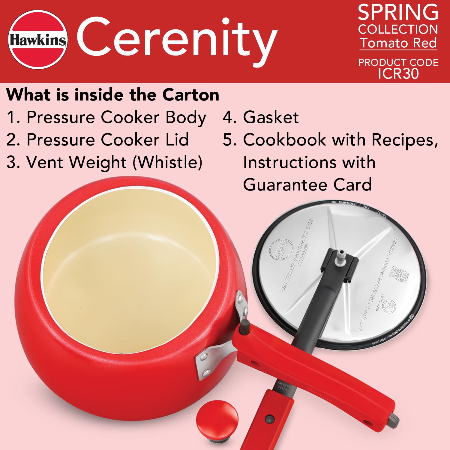 Hawkins Cerenity 3L Pressure Cooker | Ceramic Coated | Contura Shape | Induction & Gas Compatible | Cook Rice, Dal & Curries | ISI Certified | 5 Year Guarantee | Tomato Red (ICR30) - Alternate View