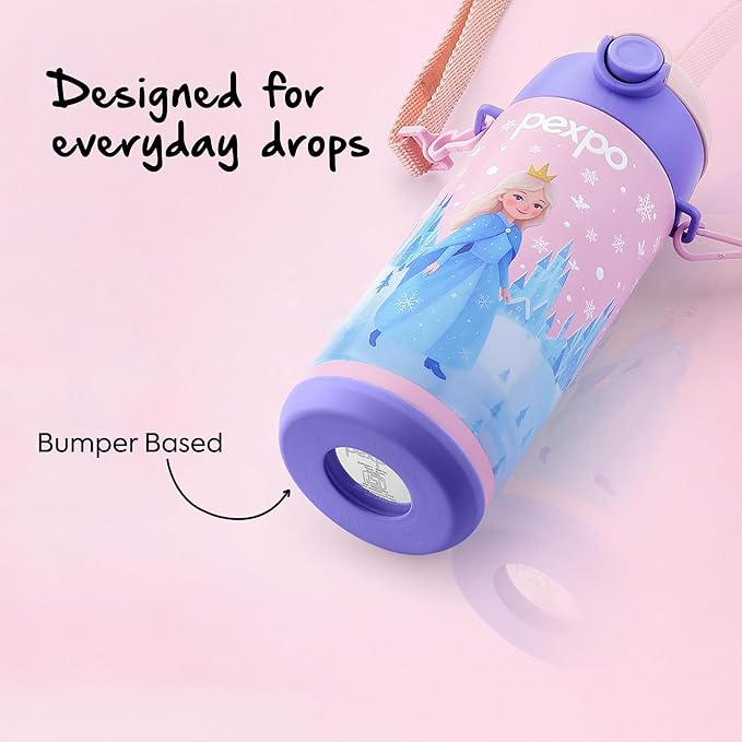 Go24 pexpo Pixy ISI Certified Stainless Steel Water Bottle for School Kids - 300ml | Hot & Cold Vacuum Insulated Flask | Leak Proof | Carry Strap | School, Picnic, Sports - Pink Frozen Doll UV Print - Alternate View