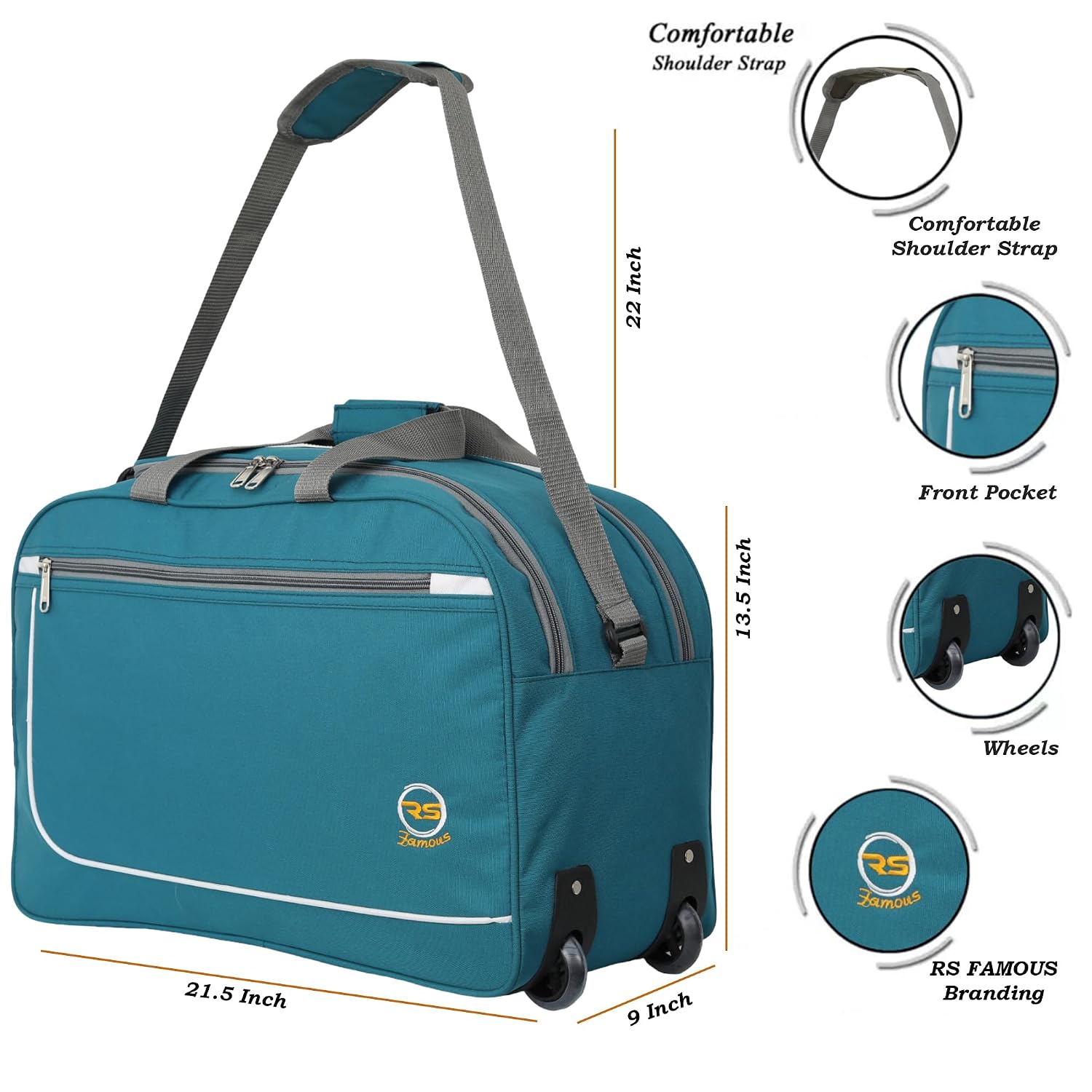 65L Strolley Duffel Bag - Waterproof Polyester Lightweight Luggage Travel Bag with 2 Wheels - Detail View