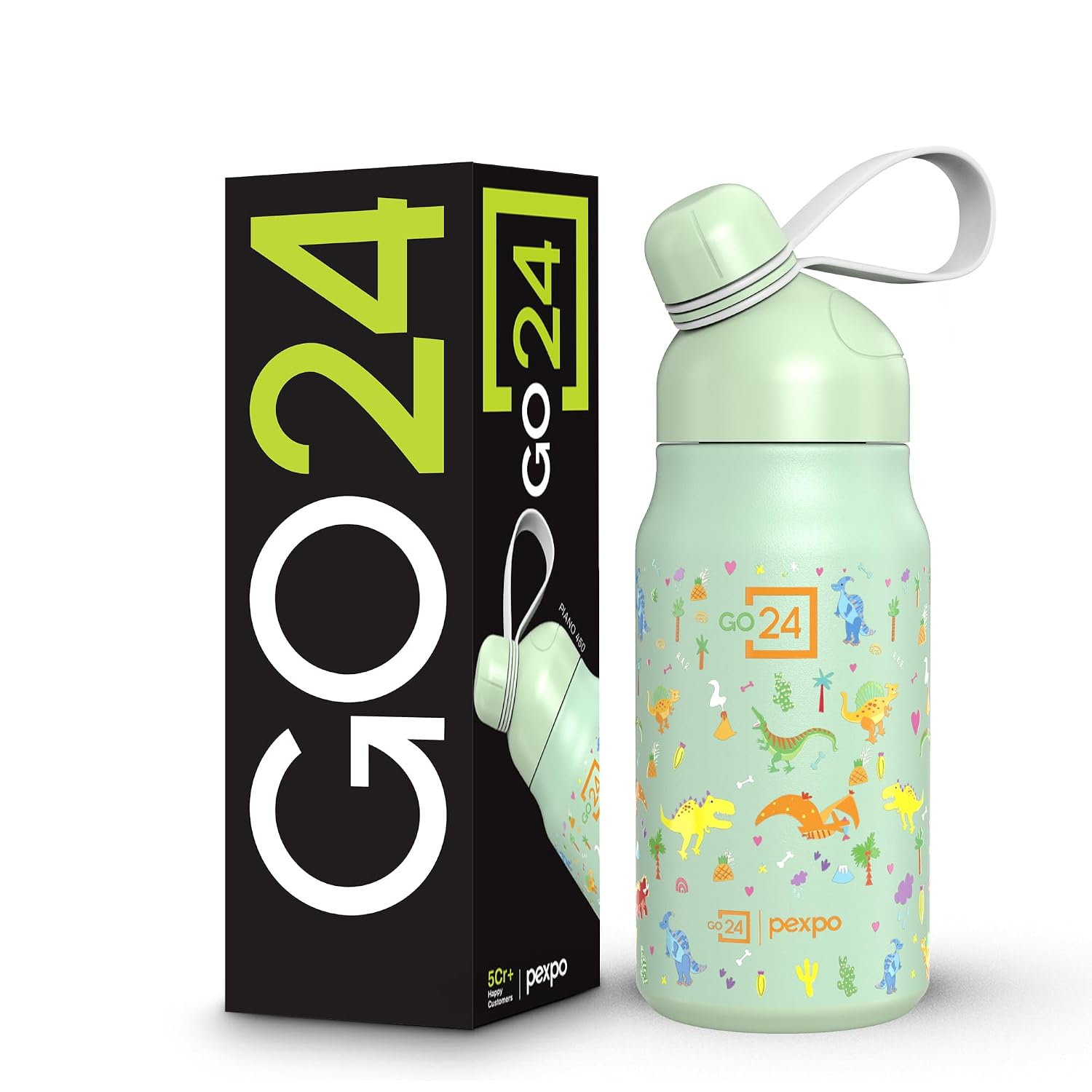 Go24 pexpo Piano Pro 450 ISI Certified Stainless Steel Water Bottle for School Kids - 420ml | 6+ Years Age |Hot & Cold | with Sipper Cap |Double Wall | for Picnic, Outing - Green Dino Printed