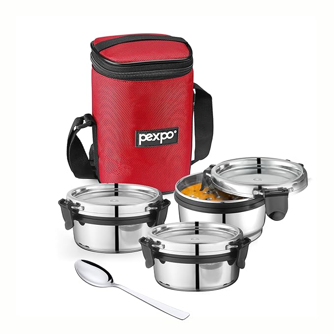 Go24 pexpo Steel X Pro Stainless Steel Lunch Box with 3 Containers (300ml Each) & 1 Spoon with Bag - Red