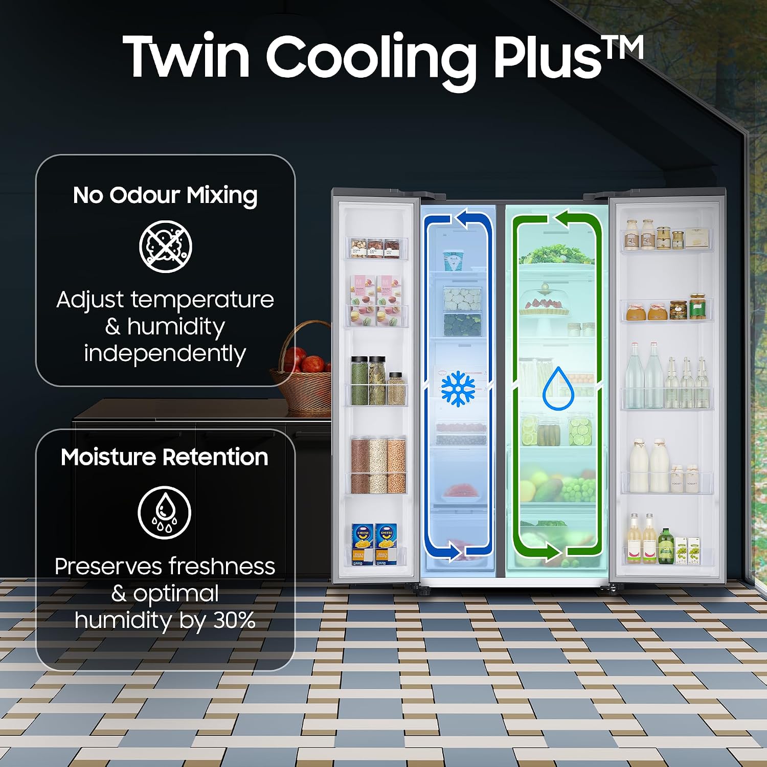 Samsung 653 L, 3 Star, Frost Free, Double Door, Convertible 5-in-1 Digital Inverter, Side By Side AI Enabled Smart Refrigerator with WiFi (RS76CG8003S9HL, Silver, Refined Inox) - Detail View