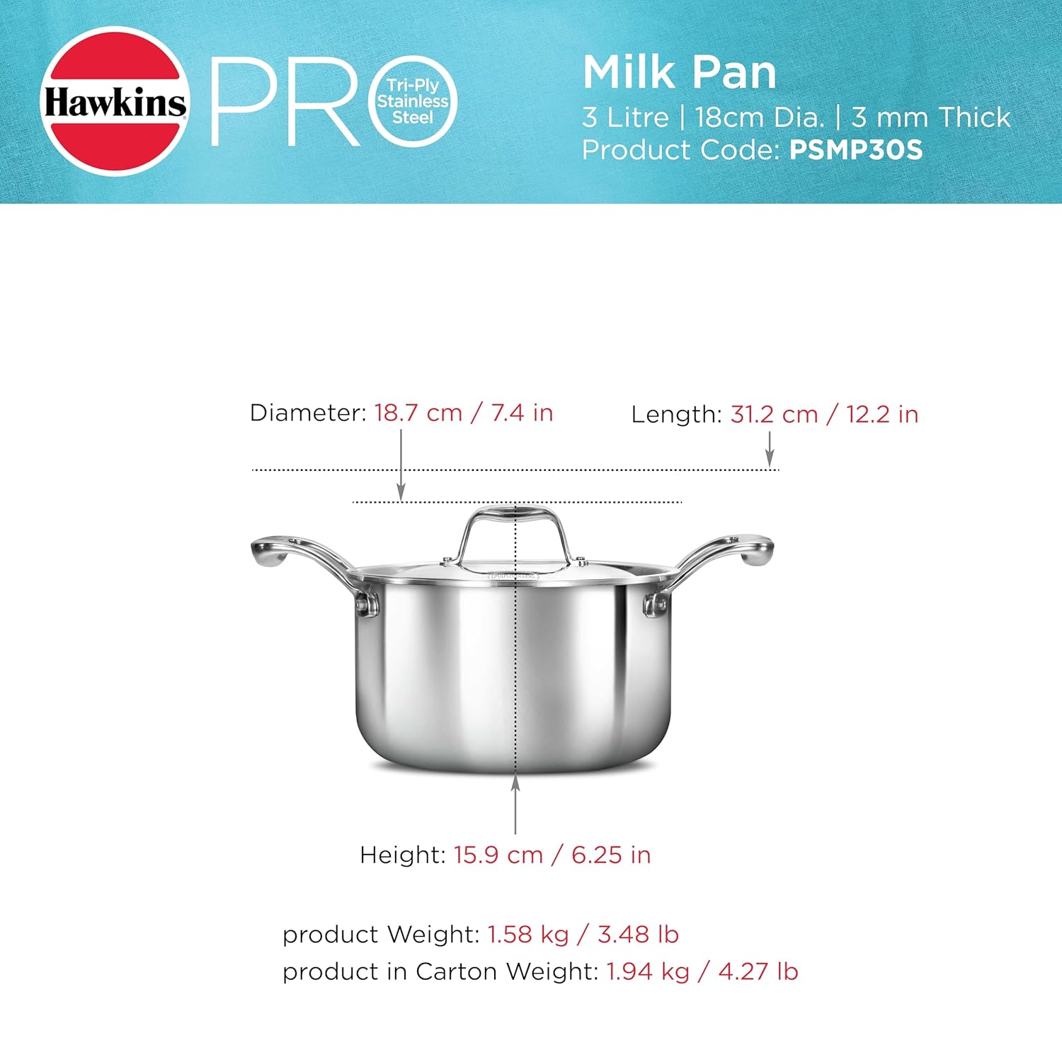Hawkins 3 Litre Pro TriPly Stainless Steel Milk Pan with Stainless Steel Lid, Milk Pot, Sauce Pan, Silver (PSMP30S) - Alternate View