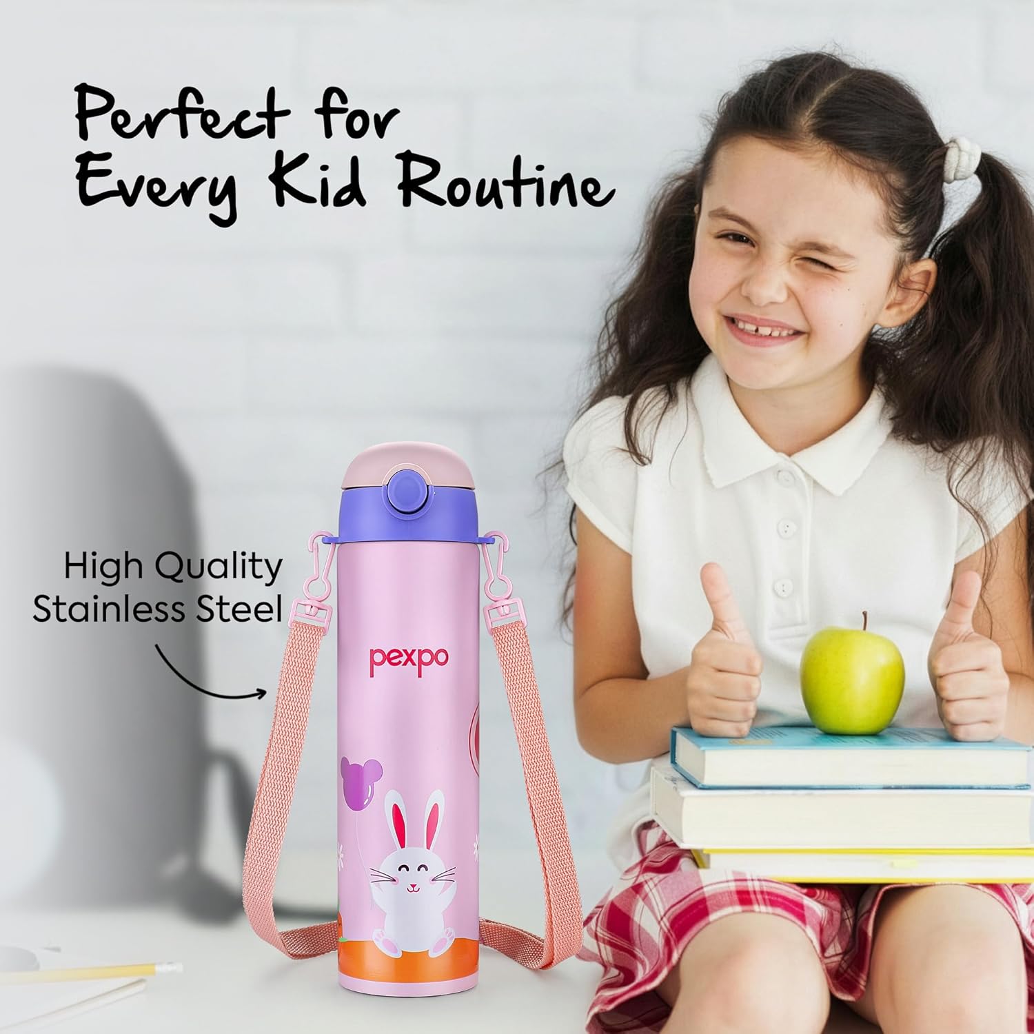Go24 pexpo Pixy 500 ISI Certified Stainless Steel Water Bottle for School Kids - 470ml | Double Wall | Hot & Cold Vacuum Insulated Flask | 4+ Years Kids | School, Picnic - Baby Pink Rabbit Print - Detail View
