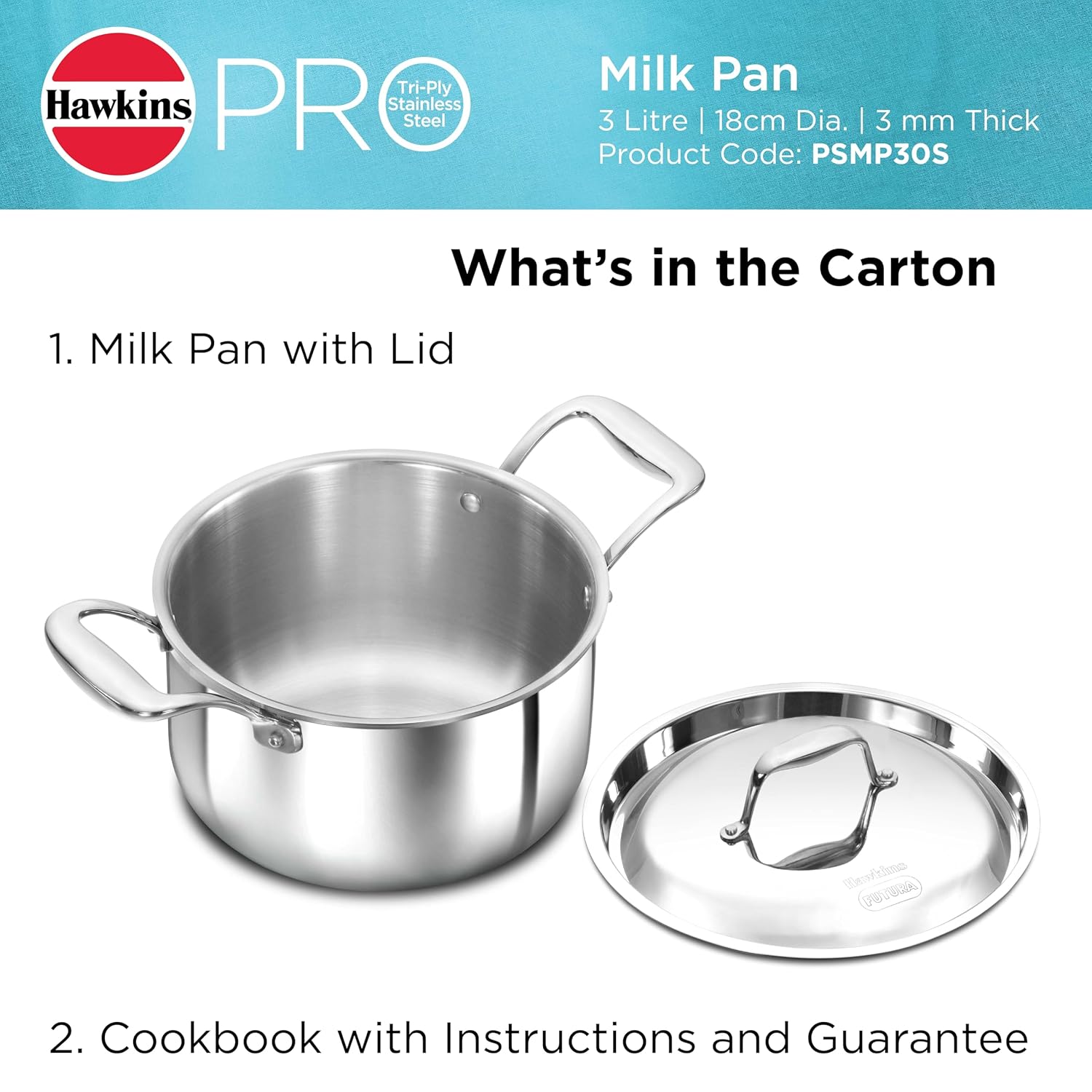 Hawkins 3 Litre Pro TriPly Stainless Steel Milk Pan with Stainless Steel Lid, Milk Pot, Sauce Pan, Silver (PSMP30S) - Detail View