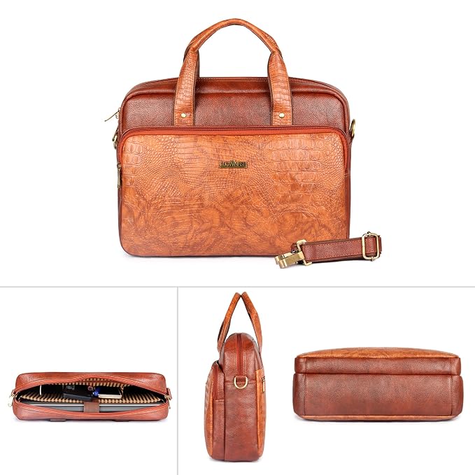 The Clownfish Vegan Leather Briefcase Laptop Bag for up to 15.6 inches Laptop screen Tablet Bag Laptop Bag (Tan) - Alternate View