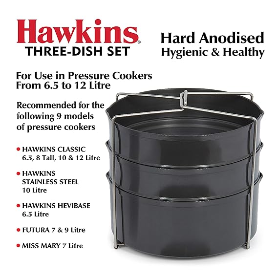 Hawkins Three-Dish Hard Anodised Set, Cooker Separator, Pressure Cooker Pots, Black (ADS65), 4 liters - Alternate View