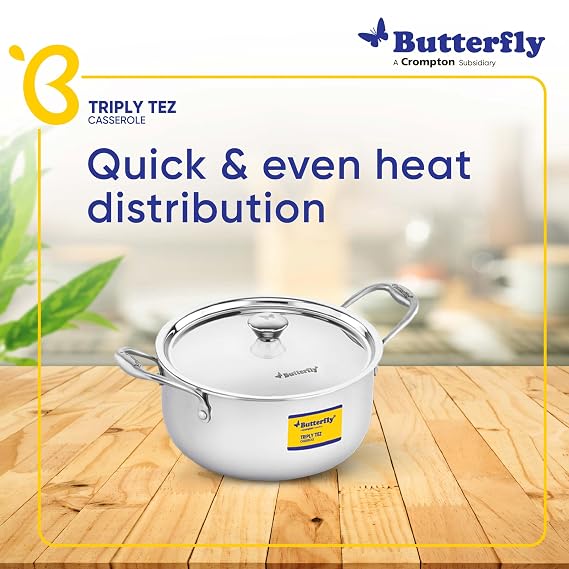 Butterfly Stainless Steel Tez Triply Polished Casserole,6.5 Litre - Detail View