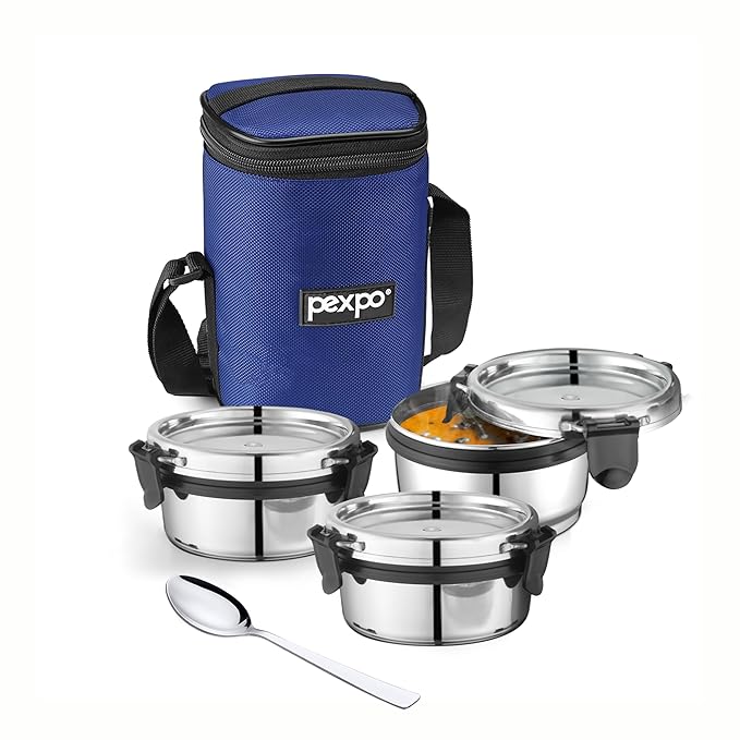 Go24 pexpo Steel X Pro Stainless Steel Lunch Box with 3 Containers (300ml Each) & 1 Spoon with Bag - blue