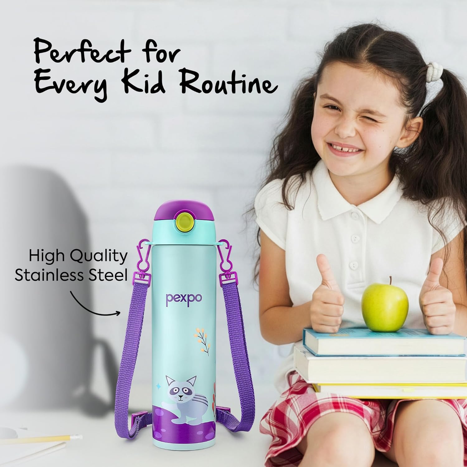 Go24 pexpo Pixy 500 ISI Certified Stainless Steel Water Bottle for School Kids - 470ml | Double Wall | Hot & Cold Vacuum Insulated Flask | 4+ Years Kids | School, Picnic - Sea Green Raccoon Print - Detail View