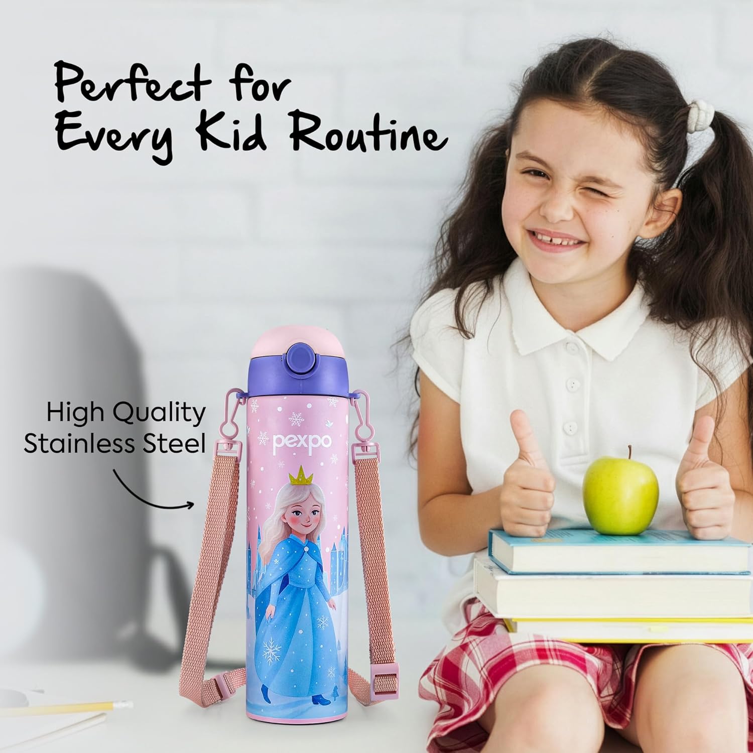 Go24 pexpo Pixy 500 ISI Certified Stainless Steel Water Bottle for School Kids - 470ml | Double Wall | Hot & Cold Vacuum Insulated Flask | 4+ Years Kids | School, Picnic - Pink Frozen Doll Print - Detail View