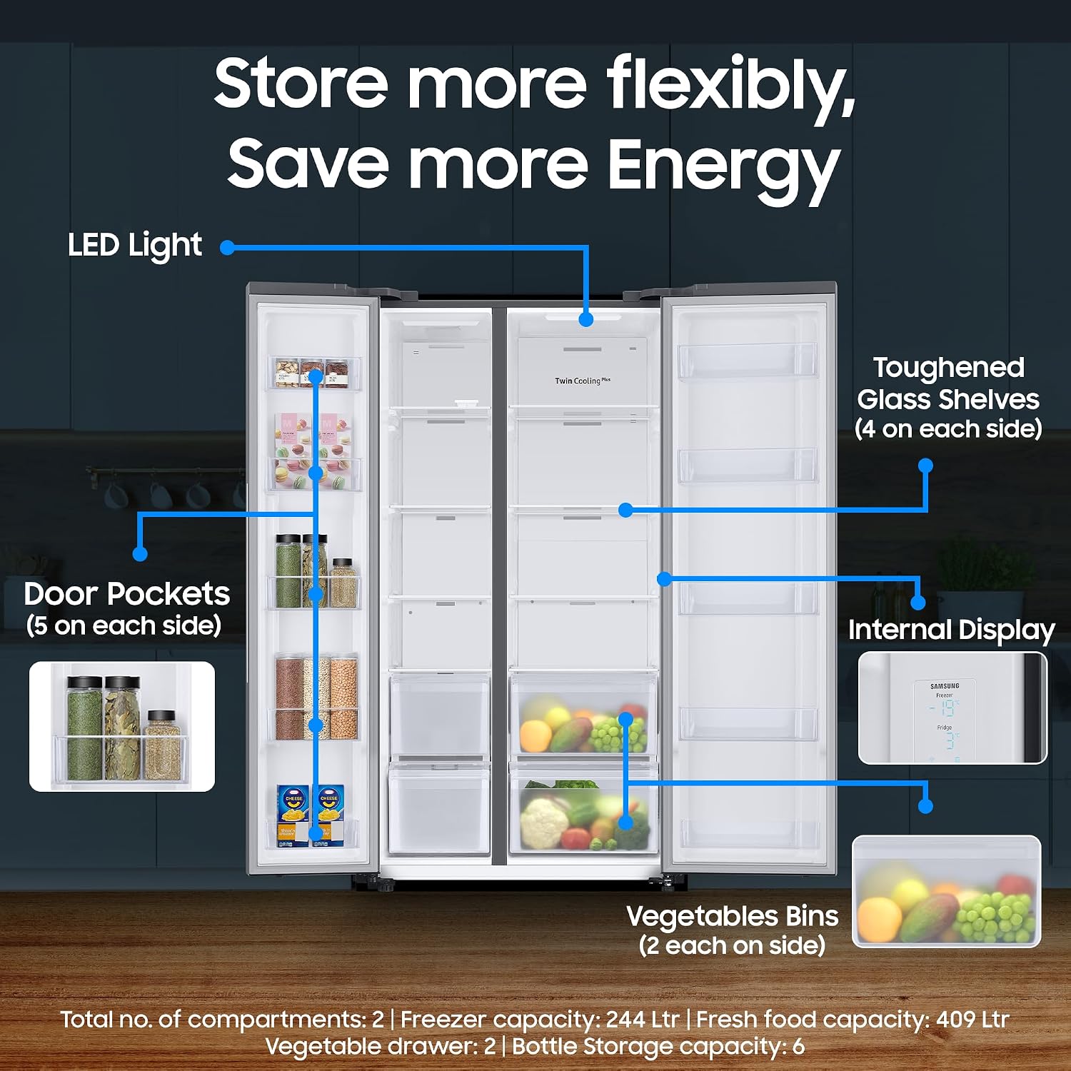Samsung 653 L, 3 Star, Frost Free, Double Door, Convertible 5-in-1 Digital Inverter, Side By Side AI Enabled Smart Refrigerator with WiFi (RS76CG8003S9HL, Silver, Refined Inox) - Alternate View