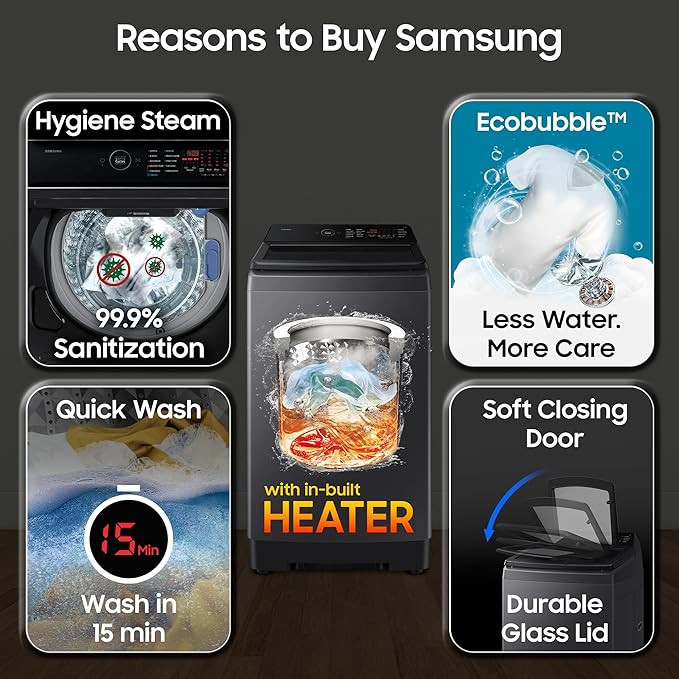 Samsung, 10kg, 5 Star, Eco Bubble, Hygiene Steam, Quick Wash, Magic Dispenser, Smart Check, Soft Closing Door, Digital Inverter, Fully-Automatic Top Load Washing Machine, WA40F10H2BTL - Alternate View