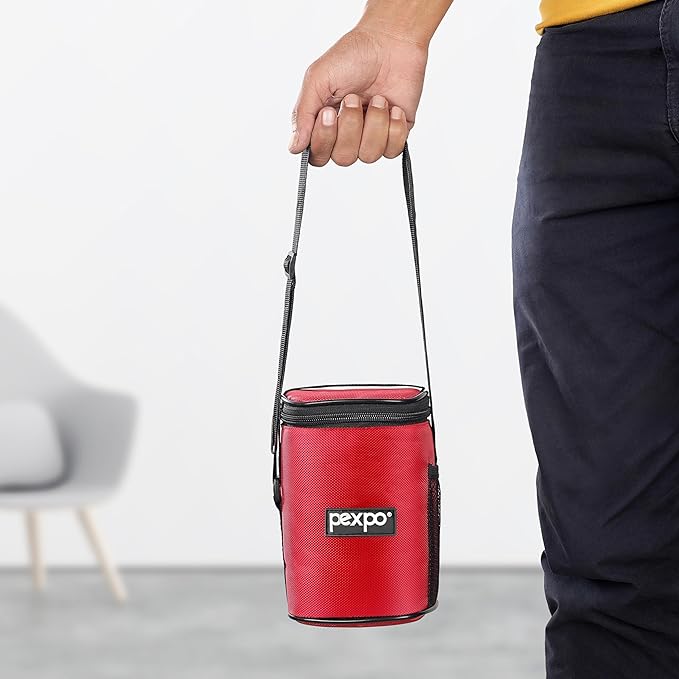 Go24 pexpo Steel X Pro Stainless Steel Lunch Box with 3 Containers (300ml Each) & 1 Spoon with Bag - Red - Detail View