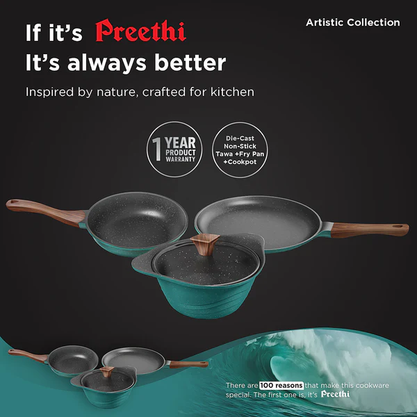 Preethi Artistic Collection Die Cast Non Stick Set , 27 cm Tawa, 24 cm Fry Pan, Kadai 24 cm With Glass Lid, 5 Star Non Stick Effect, Cook & Serve, Ocean Green - Alternate View