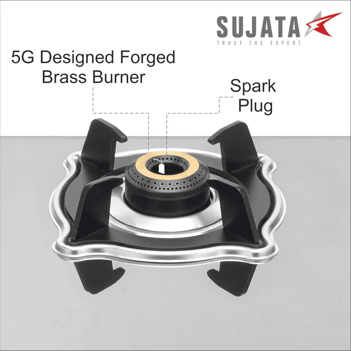Sujata Cooktop Robusto Plus, 2 Burner Manual Stainless Steel Gas Stove (Silver) - Detail View