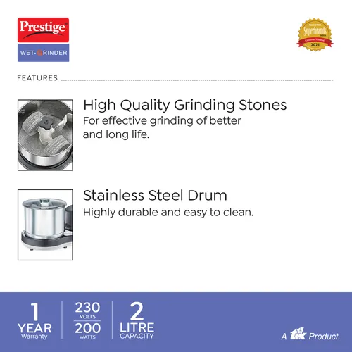 Prestige PWG 08 Wet Grinder with Stainless Steel Drum 200 W, 2 L (Black, Silver) - Detail View