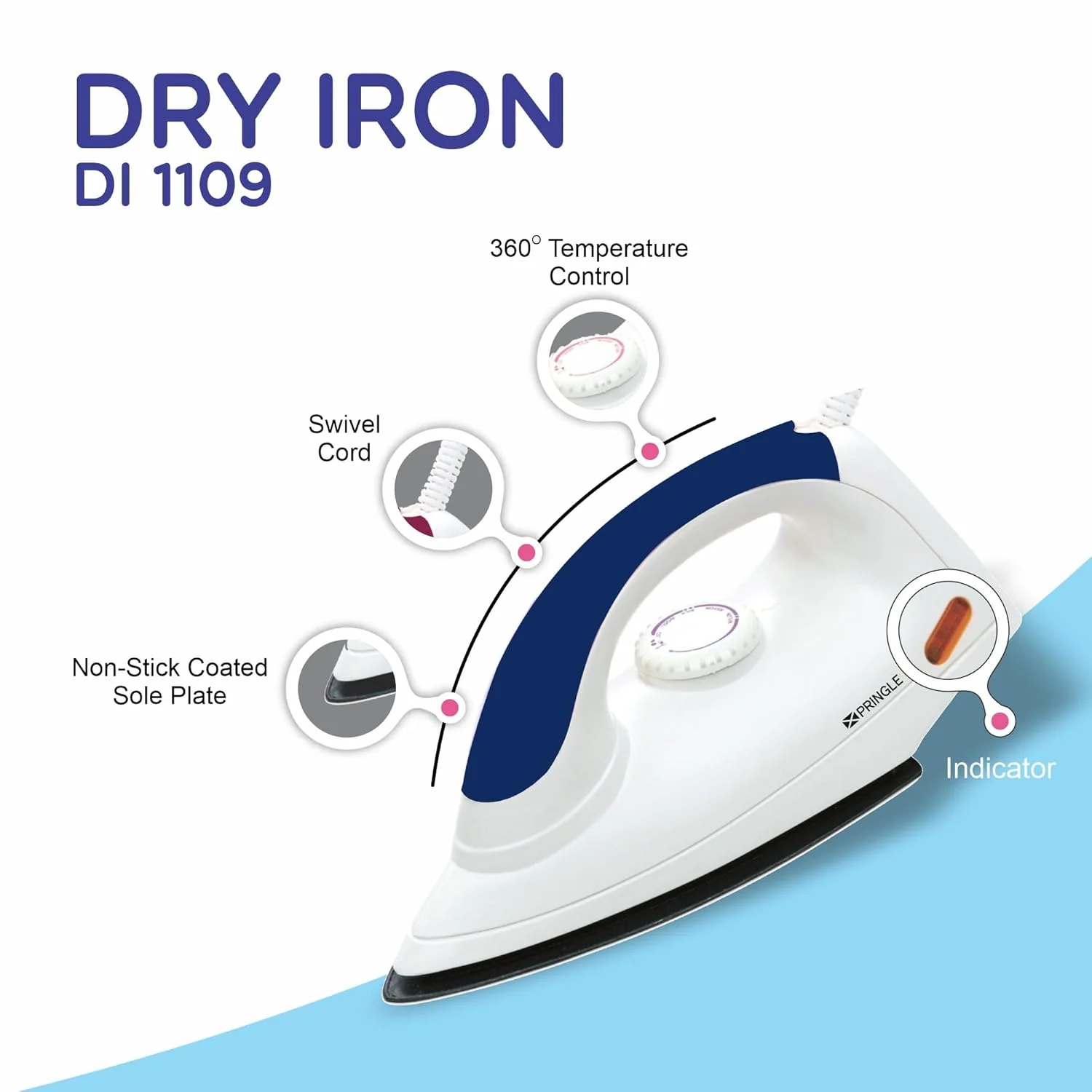 DI-1109 1000W Automatic Dry Iron | Large Soleplate | Quick Heat | White Blue - Detail View
