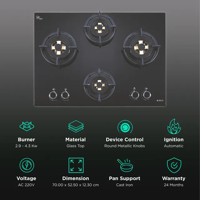 Elica 70 cm 4 Burner Hob Direct Flame Series DFS FB MFC 4B 70 - Detail View