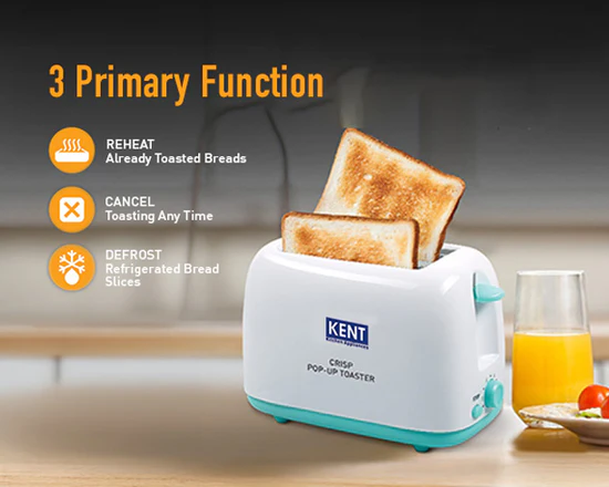 KENT Crisp Pop Up Toaster 750 Watts | 2 Slice Automatic Pop Up Electric Toaster - Alternate View