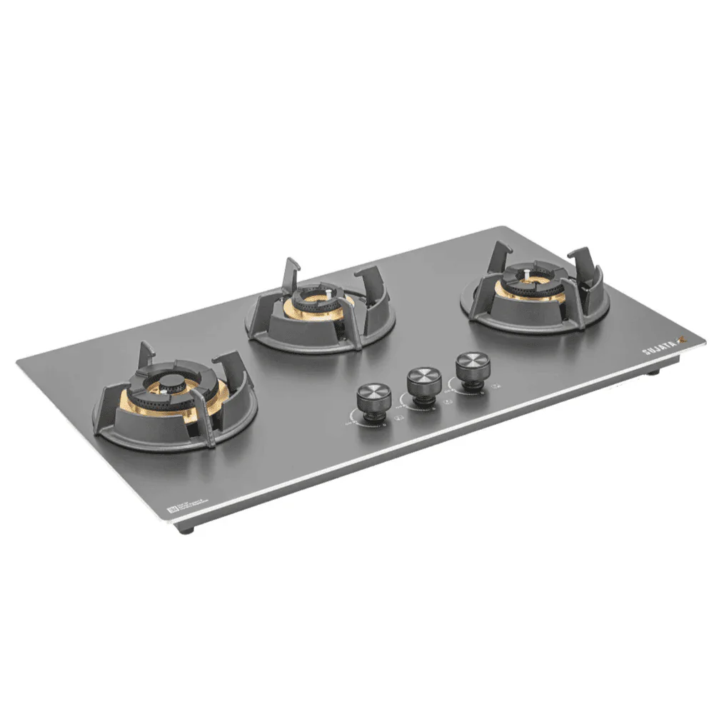 Sujata Hob, 3 Burner 76 cm Auto Ignition Chromium Steel Burner 1 Larg + 1 Medium + 1 Small (Osmium FB 3B76, Black) - Detail View