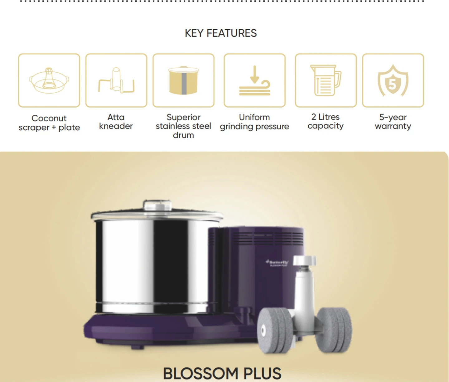 Butterfly BLOSSOM PLUS 2 L Wet Grinder (PURPLE) - Alternate View