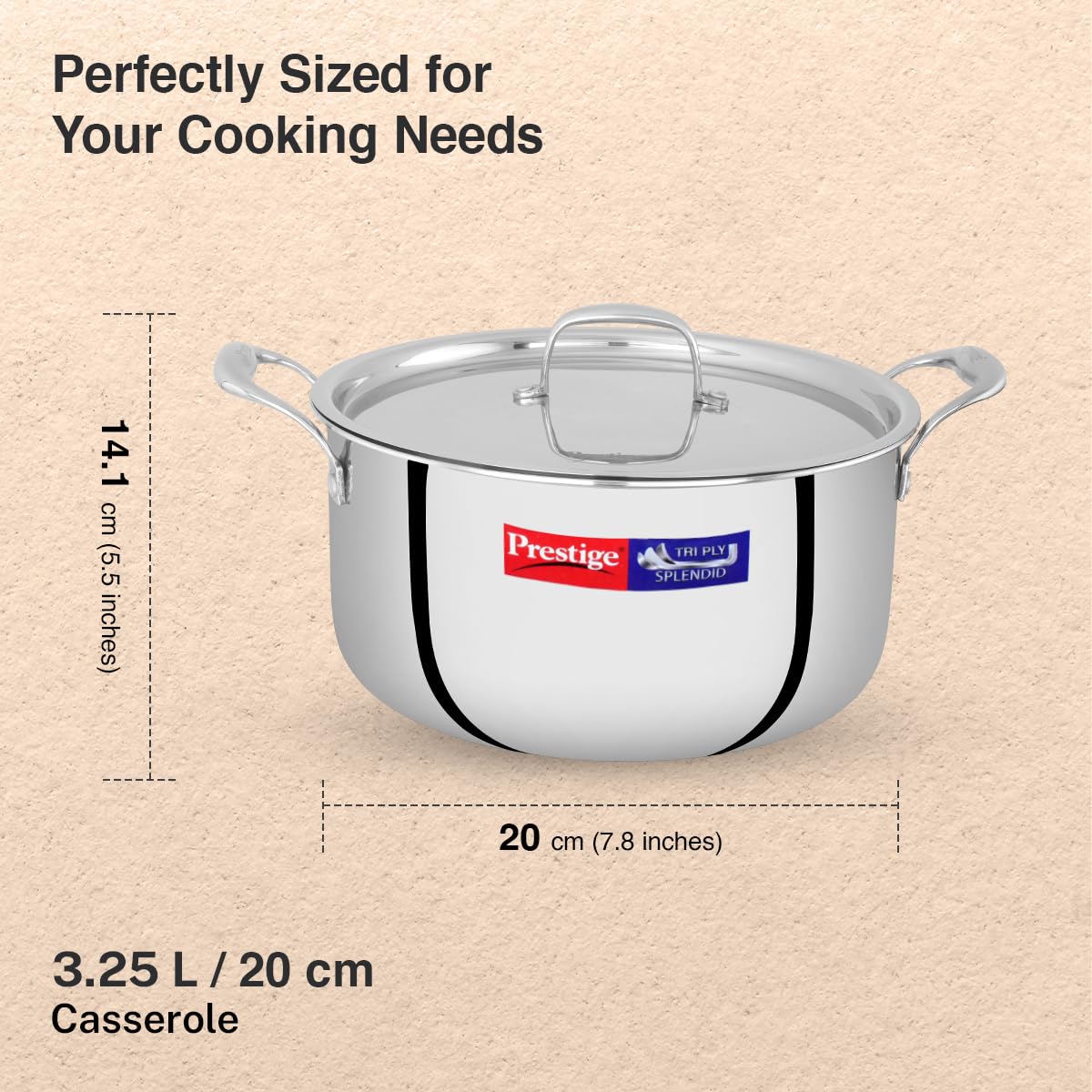 Prestige 20cm/3.2L Tri-Ply Stainless Steel Splendid Casserole| Gas and Induction Compatible |Even Heat Distribution| Thick Gauge Tri-Ply Body| Perma Cool Handles| 15 Year Warranty - Alternate View