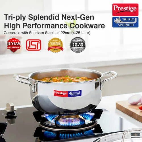 Prestige 22cm/4.4L Tri-Ply Stainless Steel Splendid Casserole| Gas and Induction Compatible |Even Heat Distribution| Thick Gauge Tri-Ply Body| Perma Cool Handles|15 Year Warranty