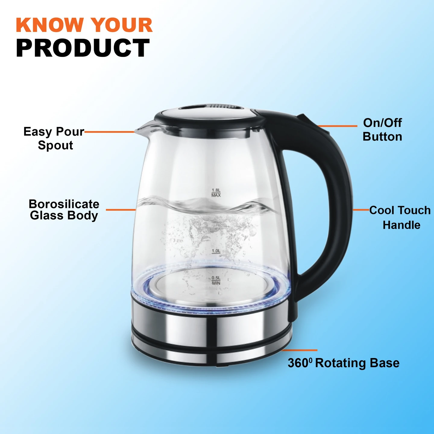 Classy Electric Kettle 1500 W for Tea and Coffee in Home and Office Cordless with LED Illumination along with cordless base , 1.8 Litre Capacity - Alternate View