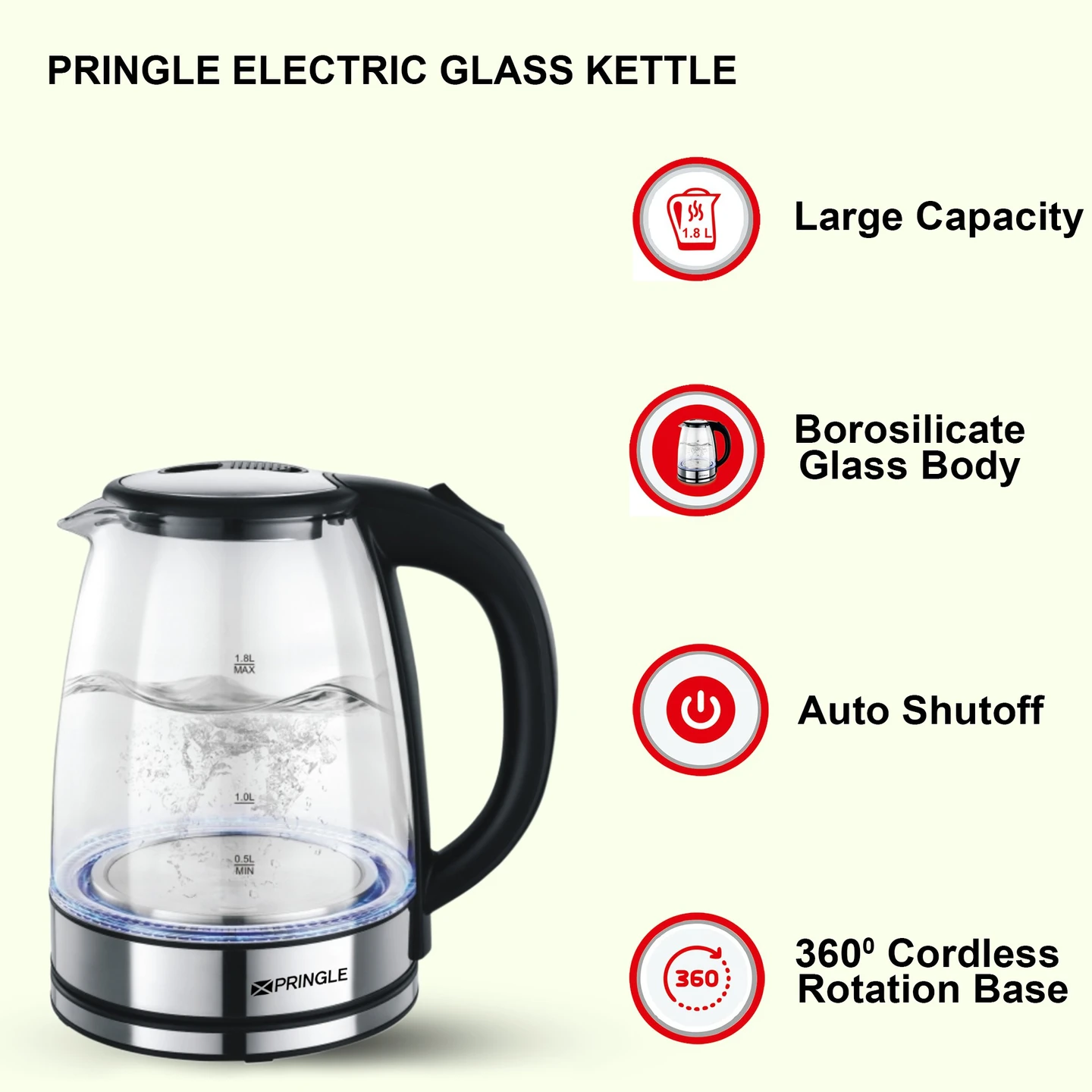 Classy Electric Kettle 1500 W for Tea and Coffee in Home and Office Cordless with LED Illumination along with cordless base , 1.8 Litre Capacity - Detail View