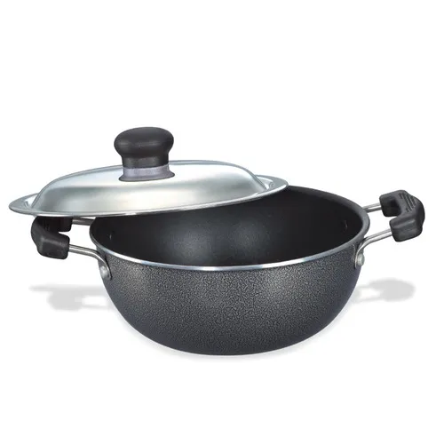 Prestige Omega Select Plus Aluminium Flat Base Non-Stick Coating Kadai with SS Lid, 20cm (Black)
