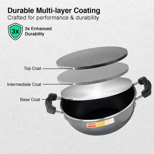 Prestige Omega Select Plus Aluminium Flat Base Non-Stick Coating Kadai with SS Lid, 20cm (Black) - Detail View