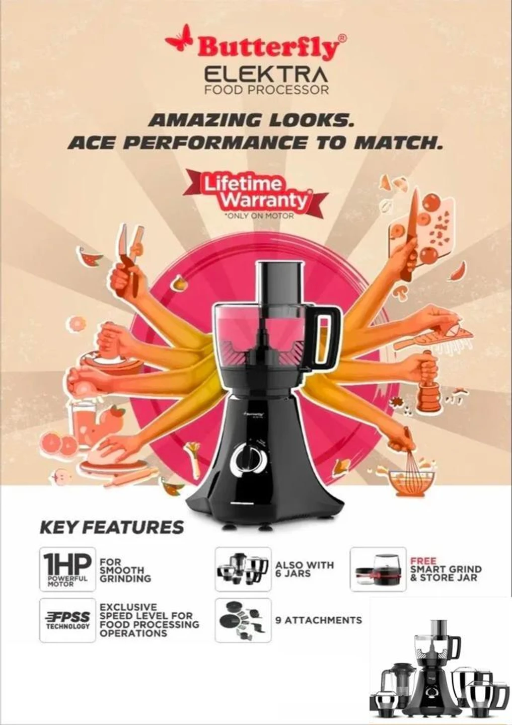 Butterfly Elektra All In One Food processor and Mixer Grinder, 750 W Juicer Mixer Grinder (Food Processor | 6 Jars | Black) - Alternate View