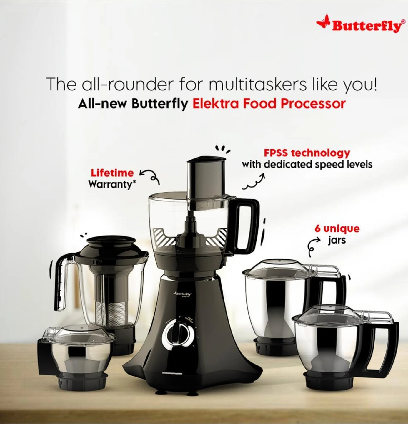 Butterfly Elektra All In One Food processor and Mixer Grinder, 750 W Juicer Mixer Grinder (Food Processor | 6 Jars | Black) - Detail View