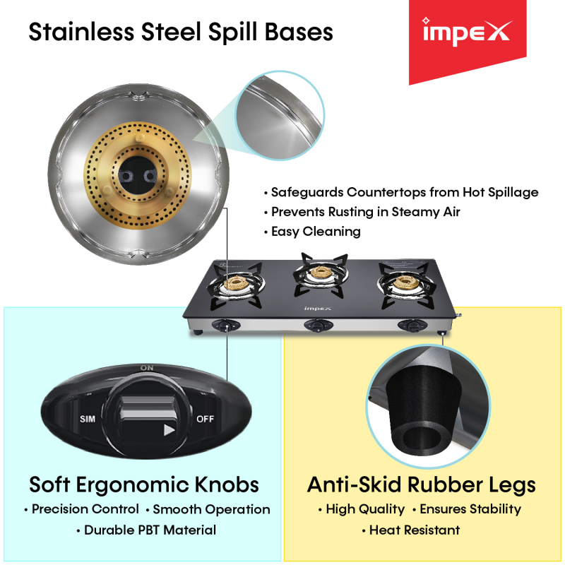 Impex Aspira 3B Glasstop Gas Stove, ASP001 - Detail View