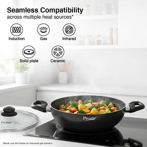 Prestige Omega Deluxe Granite Non-stick Kadai with Glass Lid, 24cm, 2.4 L (Black) - Detail View