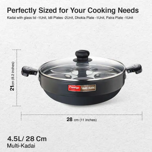 Prestige Hard Anodised Induction Base Multi-Kadai with Glass Lid (Dhokla Plate, Patra Plate, Idli Plates), 28cm (Black) - Alternate View