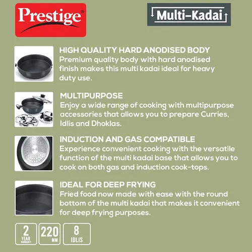 Prestige Hard Anodised Induction Base Multi-Kadai with Glass Lid (Dhokla Plate, Patra Plate, Idli Plates), 22cm (Black) - Alternate View
