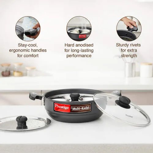 Prestige Hard Anodised Induction Base Multi-Kadai with Glass Lid (Dhokla Plate, Patra Plate, Idli Plates), 22cm (Black) - Detail View