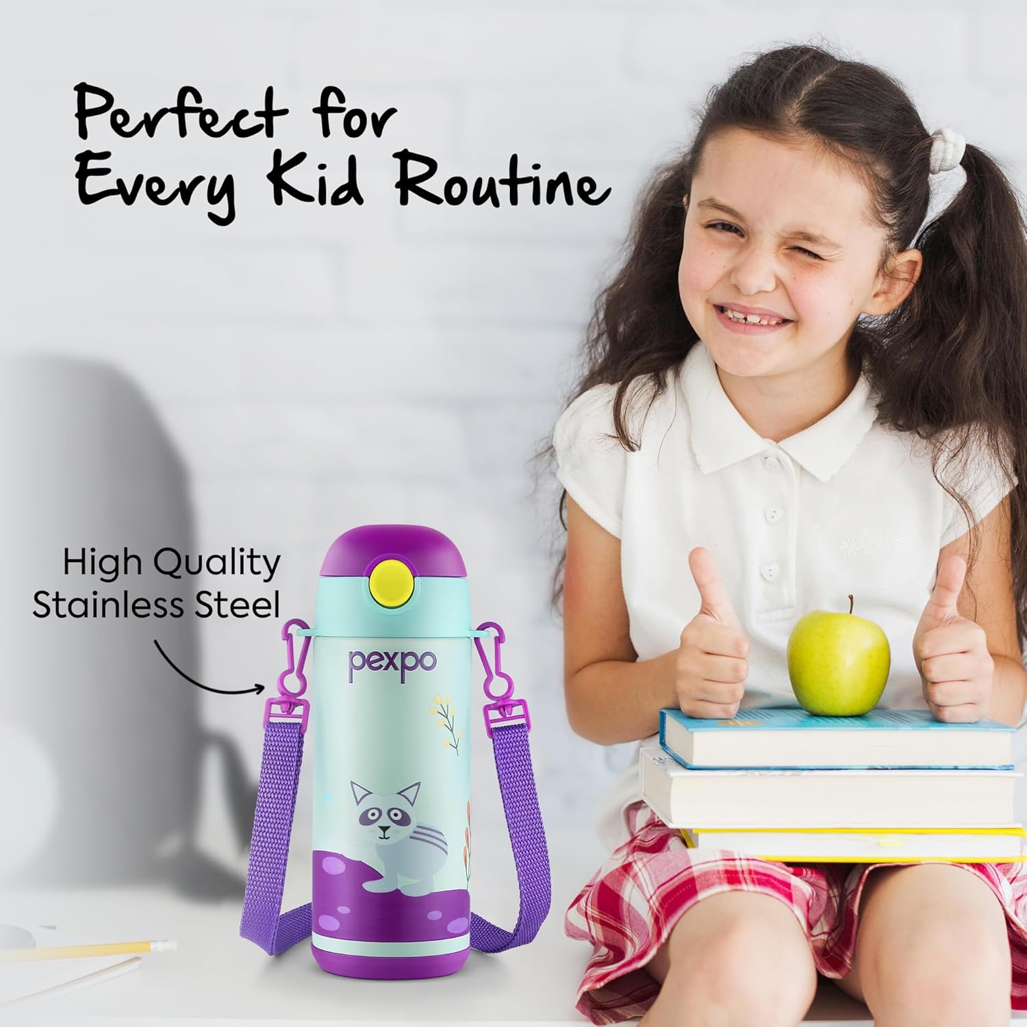 Go24 pexpo Pixy ISI Certified Stainless Steel Water Bottle for School Kids - 300ml | Hot & Cold Vacuum Insulated Flask | Leak Proof | Carry Strap | School, Picnic, Sports - Sea Green Raccoon UV Print - Detail View