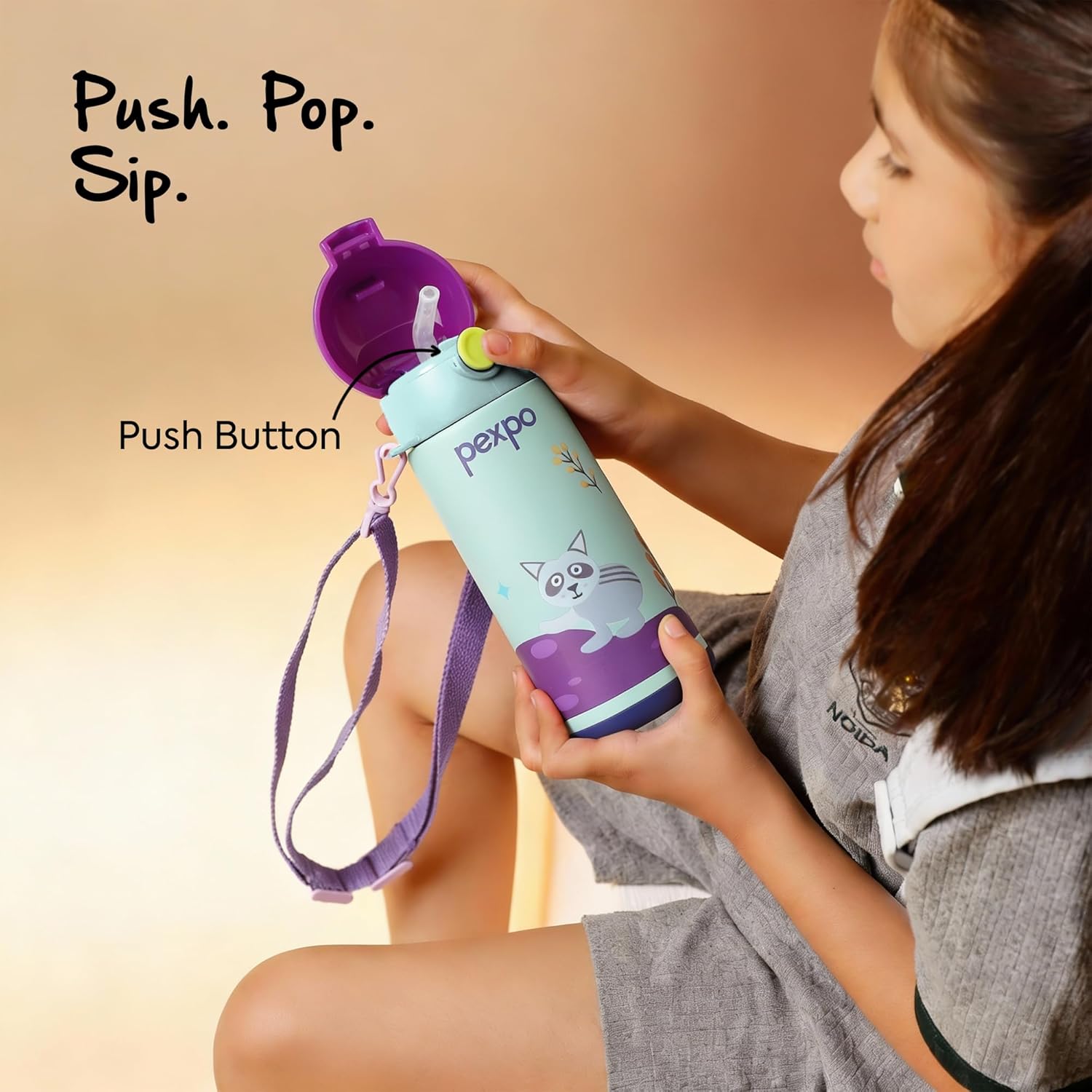 Go24 pexpo Pixy ISI Certified Stainless Steel Water Bottle for School Kids - 300ml | Hot & Cold Vacuum Insulated Flask | Leak Proof | Carry Strap | School, Picnic, Sports - Sea Green Raccoon UV Print - Alternate View