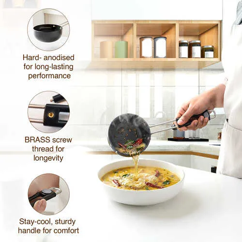 Prestige Hard Anodised Tadka Pan 10 cm | Stay Cool Handle | Built-in stand | Metal Spoon Friendly | Base Thickness 3 mm | 2Y Warranty | ISI Certified - Detail View